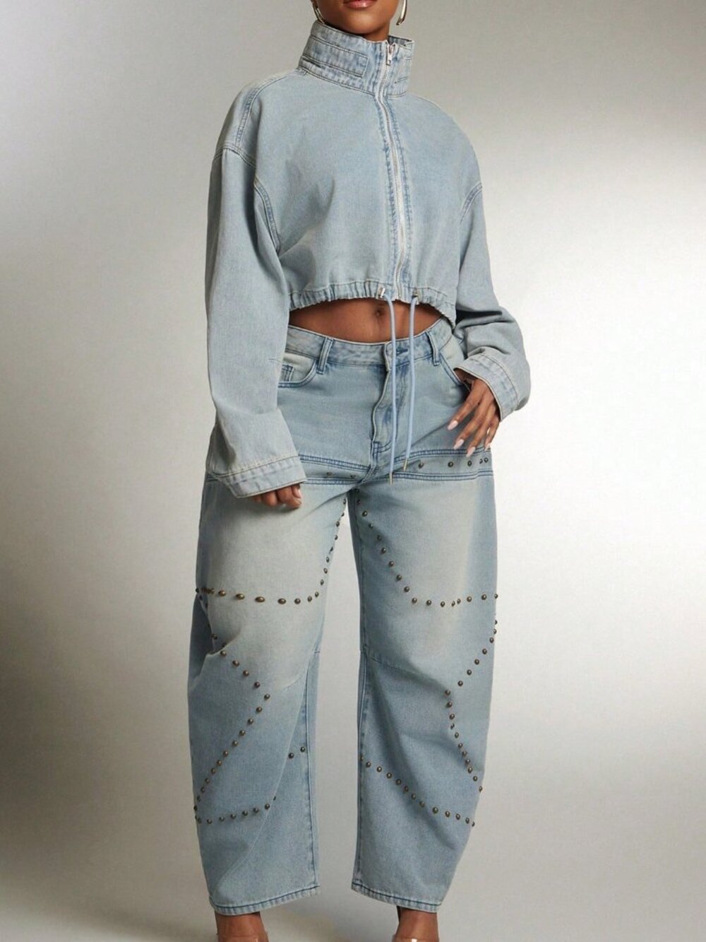 Light Wash Casual Women's Oversized Lapel Zip Front Cropped Denim Jacket - Picture 4 of 6